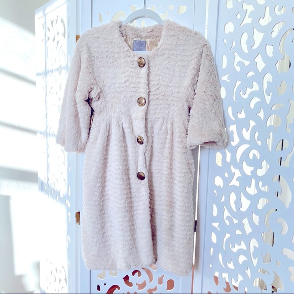 Cream Beige Soft Faux Fur Peplum Half Sleeve Trench Coat Size Small - Picture 1 of 11